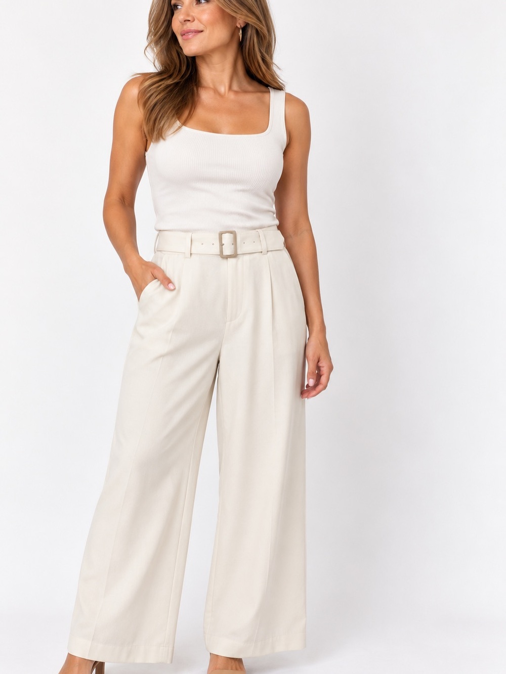 INC International Concepts Cream Wide-Leg Belted Trousers